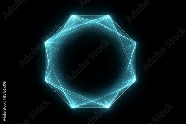 Fototapeta Abstract neon polygon web glowing brightly in center of black canvas