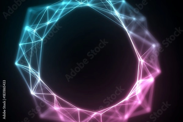 Fototapeta Abstract neon polygon web glowing brightly in center of black canvas