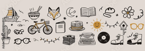Fototapeta Whimsical hand drawn retro doodles collection– Bicycle, Books, Food and Decorative vector icons