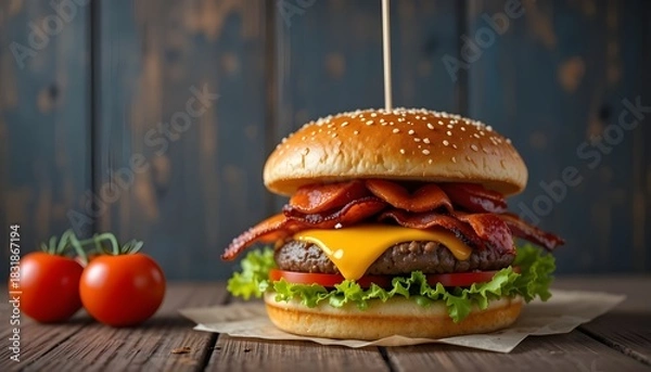 Fototapeta hamburger on a wooden table