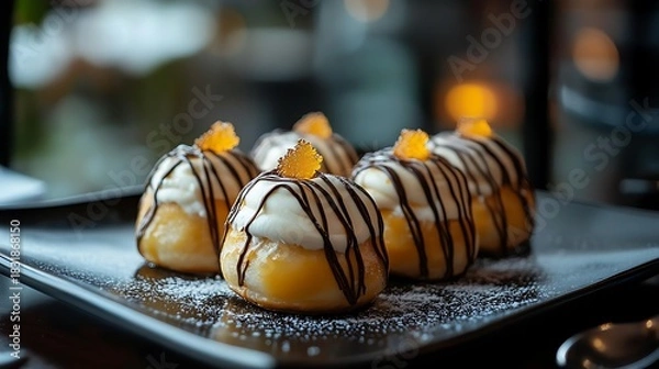 Obraz A plate of golden profiteroles filled with cream and chocolate drizzle