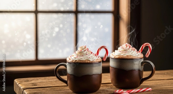 Obraz Steaming Christmas Drinks with Peppermint Candy Canes by a Snowy Window.