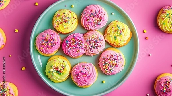 Obraz A plate of vivid cookies with neon frosting arranged artistically with bright sprinkles