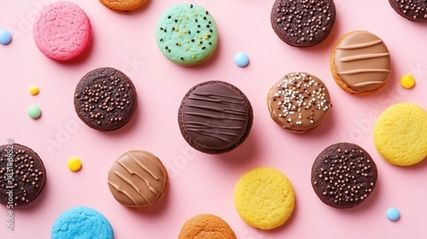 Obraz A playful arrangement of colorful chocolate cookies on a pastel background