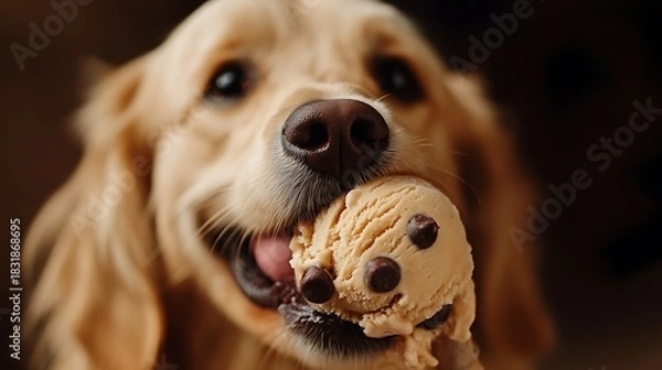 Obraz A playful dog licking a scoop of chocolate chip cookie dough ice cream