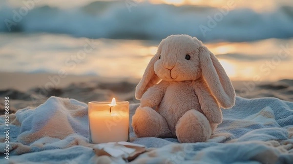 Obraz A plush bunny cuddled beside a candle on soft picnic blanket by the waves