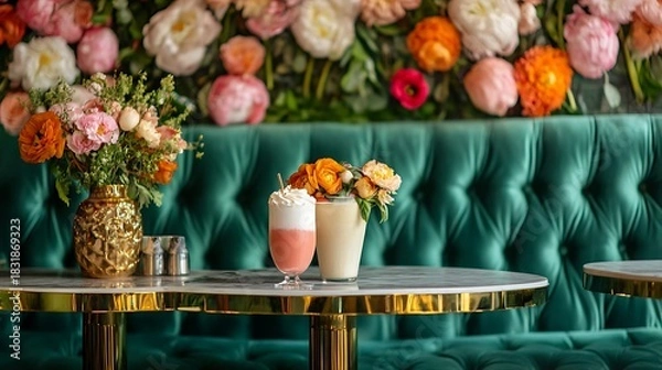 Obraz A plush velvet cafe seating with milkshake and golden accents floral setting