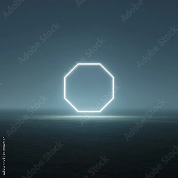 Fototapeta Bright glowing polygonal ring abstractly hovering over dark empty field