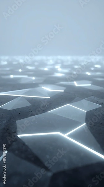 Fototapeta Bright glowing polygon fragments scattered across pitch black futuristic field
