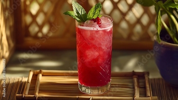 Obraz A pomegranate soda in a clear glass with fresh mint on a bamboo tray