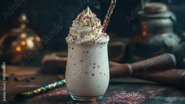 Obraz A potion like milkshake with whipped cream resting beside a wizard's staff