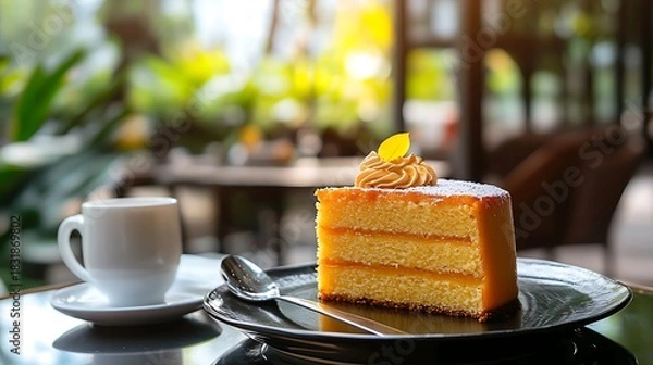 Obraz A premium saffron and honey cake set in an open air lounge with soft jazz playing