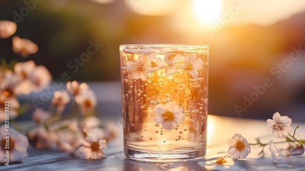 Obraz A premium sparkling soda with floating edible flowers elegant outdoor terrace golden sunset light