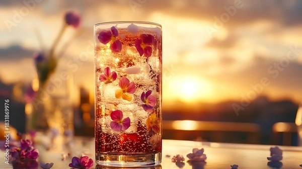 Obraz A premium sparkling soda with floating edible flowers elegant outdoor terrace golden sunset light