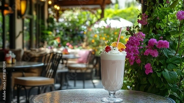 Obraz A private mansion patio with premium milkshake and fresh flower decorations