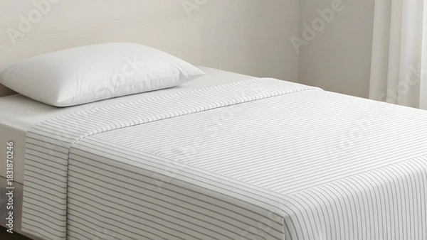 Fototapeta Close up of a bed with white pillow and textured bedding in a bedroom