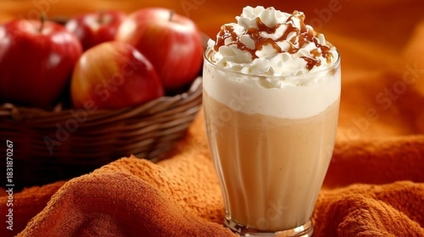 Obraz A pumpkin caramel milkshake with whipped cream on burnt orange blanket near a basket of apples