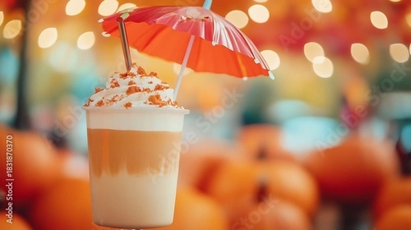 Obraz A pumpkin latte milkshake under a pumpkin shaped umbrella in farm festival