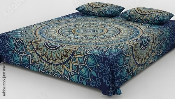Fototapeta Bohemian style bedding with mandala pattern in blue and gold tones
