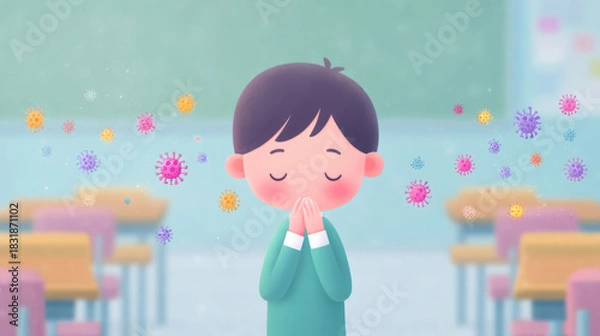 Fototapeta A child standing in a classroom, surrounded by colorful germs and viruses, promoting awareness of health.
