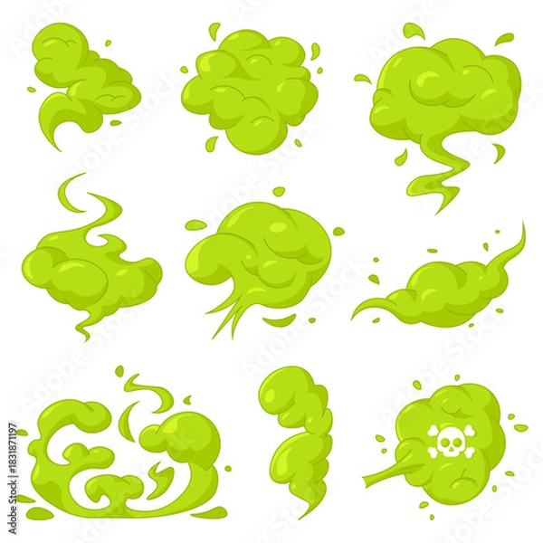 Obraz Green stink clouds and toxic fumes in flat style. Vector icons of disgusting odor, poison mist and comic vapor effects isolated on a white background for humorous design projects.