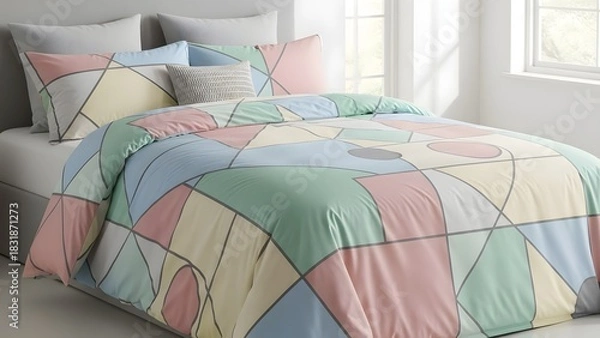 Fototapeta Comfortable bed with pastel colored geometric patterned bedding in a bright bedroom