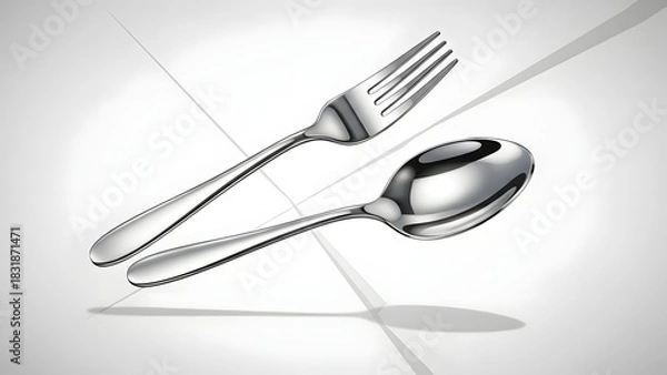 Fototapeta Elegant silverware a fork and spoon on a white surface with soft lighting