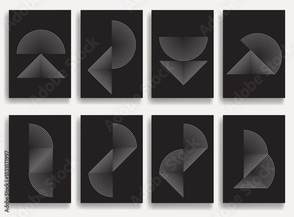 Obraz Geometric posters set with concentric lines- modern geometric circles, semicircles , triangles pattern created with thick and bold dynamic  lines for modern design. Shapes for posters and branding. 