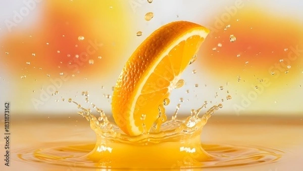 Fototapeta Fresh orange slice plunging into juice creating a splash