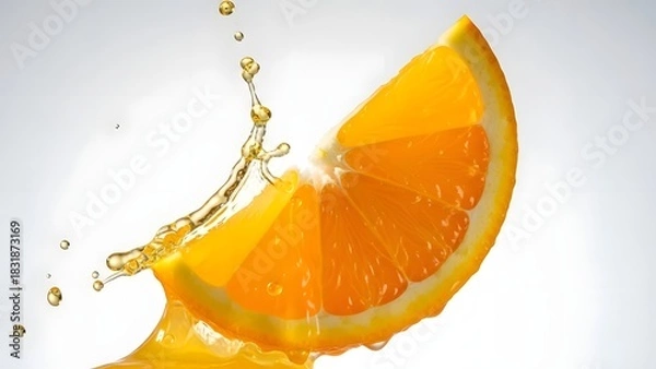 Fototapeta Orange slice with juice splash against a white background for refreshment
