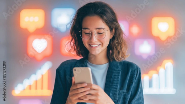 Fototapeta Young woman using smartphone with social media icons in background, showcasing digital interaction and connectivity.