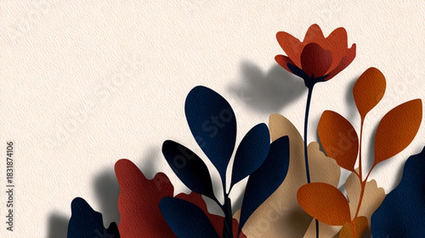 Fototapeta Abstract paper cut art, a vector illustration of a minimalist floral design with a focus on the petals and leaves