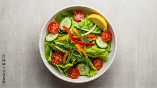Fototapeta Fresh and colorful garden salad with tomatoes cucumbers and lemon slice