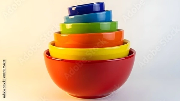Fototapeta Stack of colorful ceramic bowls in a rainbow gradient arrangement