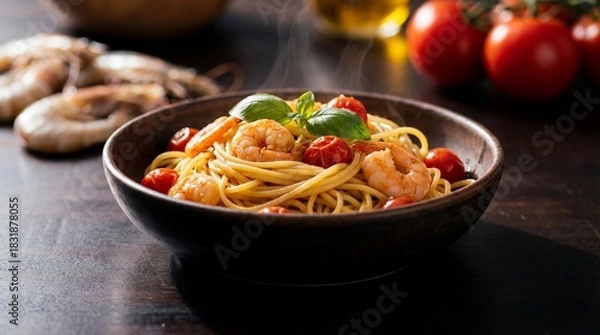 Obraz Steaming Spaghetti with Shrimp, Cherry Tomatoes, and Basil