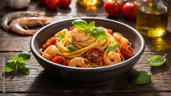 Obraz Spaghetti with Shrimp, Roasted Tomatoes, and Basil