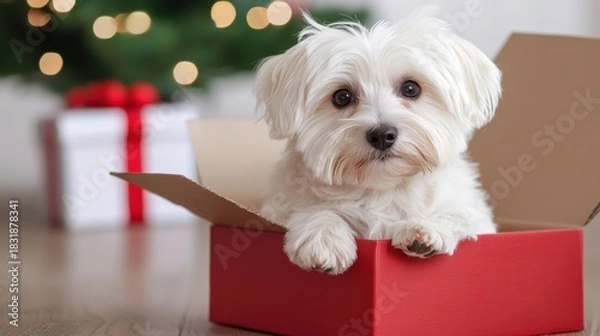 Obraz cute white dog peeks out from a red gift box, with a festive backdrop featuring a Christmas tree and wrapped presents.
