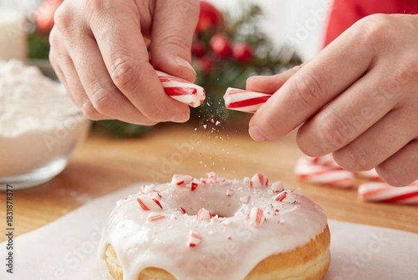 Obraz Crushing Peppermint Candy Cane onto Glazed Donut
