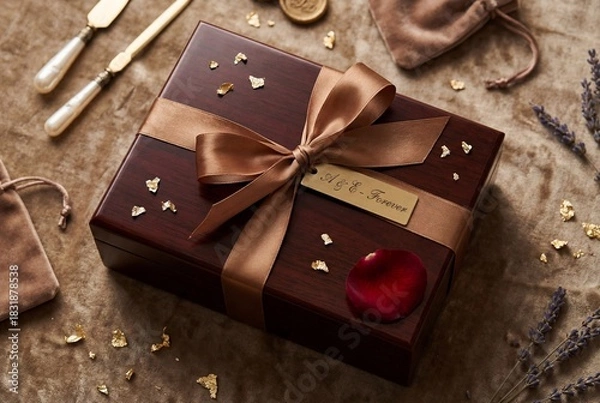Obraz Elegant Wooden Gift Box with Bronze Ribbon and Gold Leaf