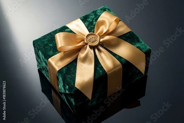 Obraz Elegant Green Velvet Gift Box with Gold Ribbon and Crown Seal