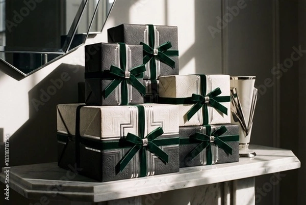 Obraz Art Deco Inspired Gift Boxes with Green Velvet Ribbons on Marble Console
