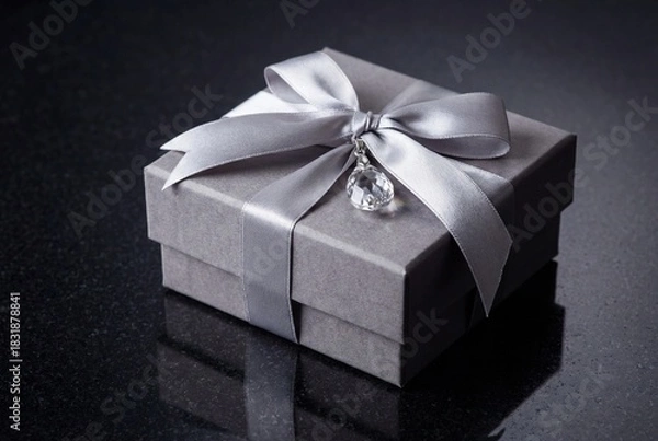 Obraz Elegant Gray Gift Box with Silver Ribbon and Crystal Charm