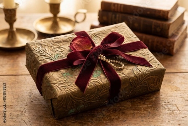 Obraz Ornate Gift Box with Velvet Ribbon and Pearls