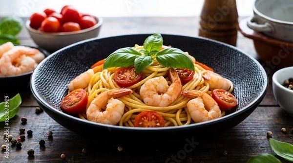 Obraz Shrimp Spaghetti with Cherry Tomatoes and Basil