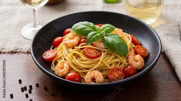 Obraz Spaghetti with Shrimp, Cherry Tomatoes, and Basil