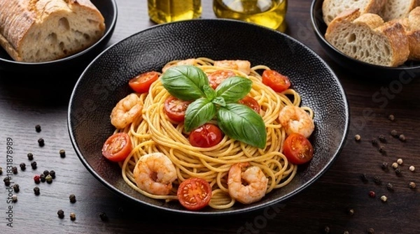 Obraz Spaghetti with Shrimp, Cherry Tomatoes, and Basil