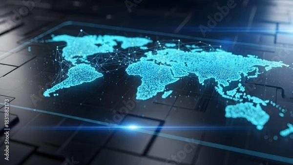 Fototapeta Digital world map displayed on a futuristic surface with a blue glow