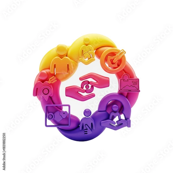 Fototapeta A colorful circular design featuring stylized human figures, hands, and various symbolic elements.