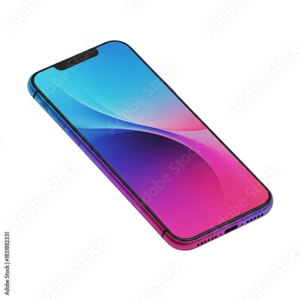 Fototapeta A modern smartphone with a vibrant gradient display, angled on a white background.