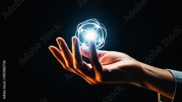 Fototapeta Hand holding glowing atom model in dark background  